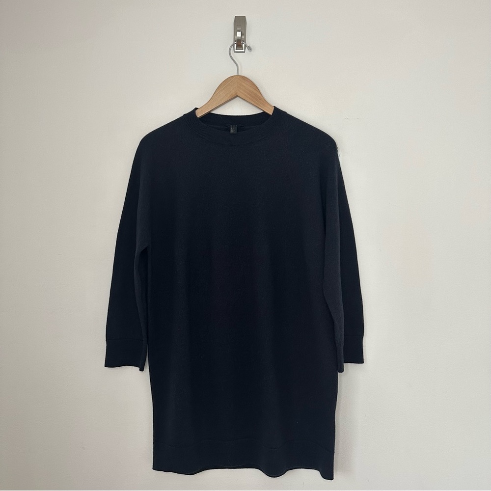 Cos Womens Sweater Large Dress Tunic Navy Blue Wool mock neck Basic Minimalist